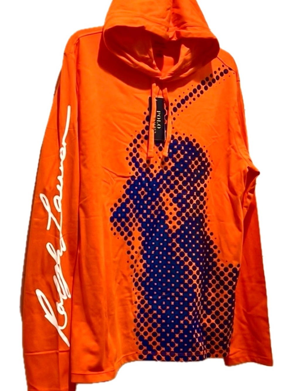 NWT, Polo Sport Orange Hoodie with Navy Dot Graphic Sz. M